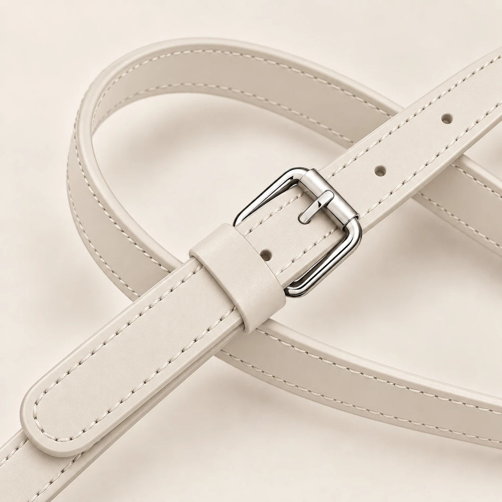 Macro de la sangle et boucle du cabas en similicuir blanc