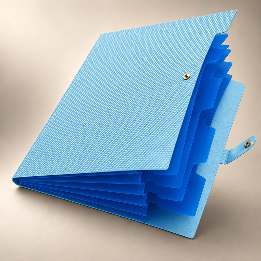 Chemise porte-document accordéon en plastique bleu ciel, debout de face