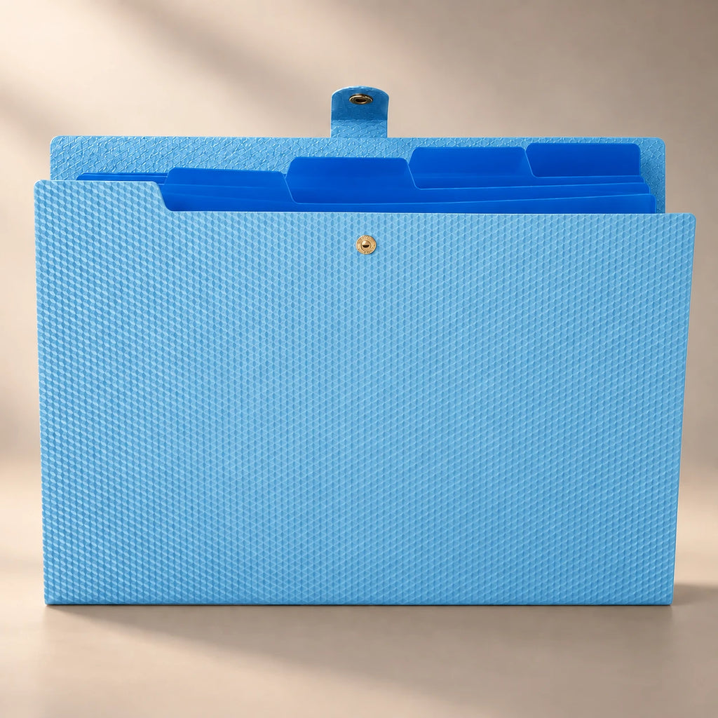 Chemise porte-document accordéon en plastique bleu ciel, à plat de face