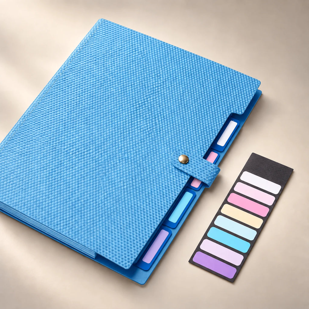 Onglets et étiquettes colorées de la chemise accordéon en plastique bleu ciel