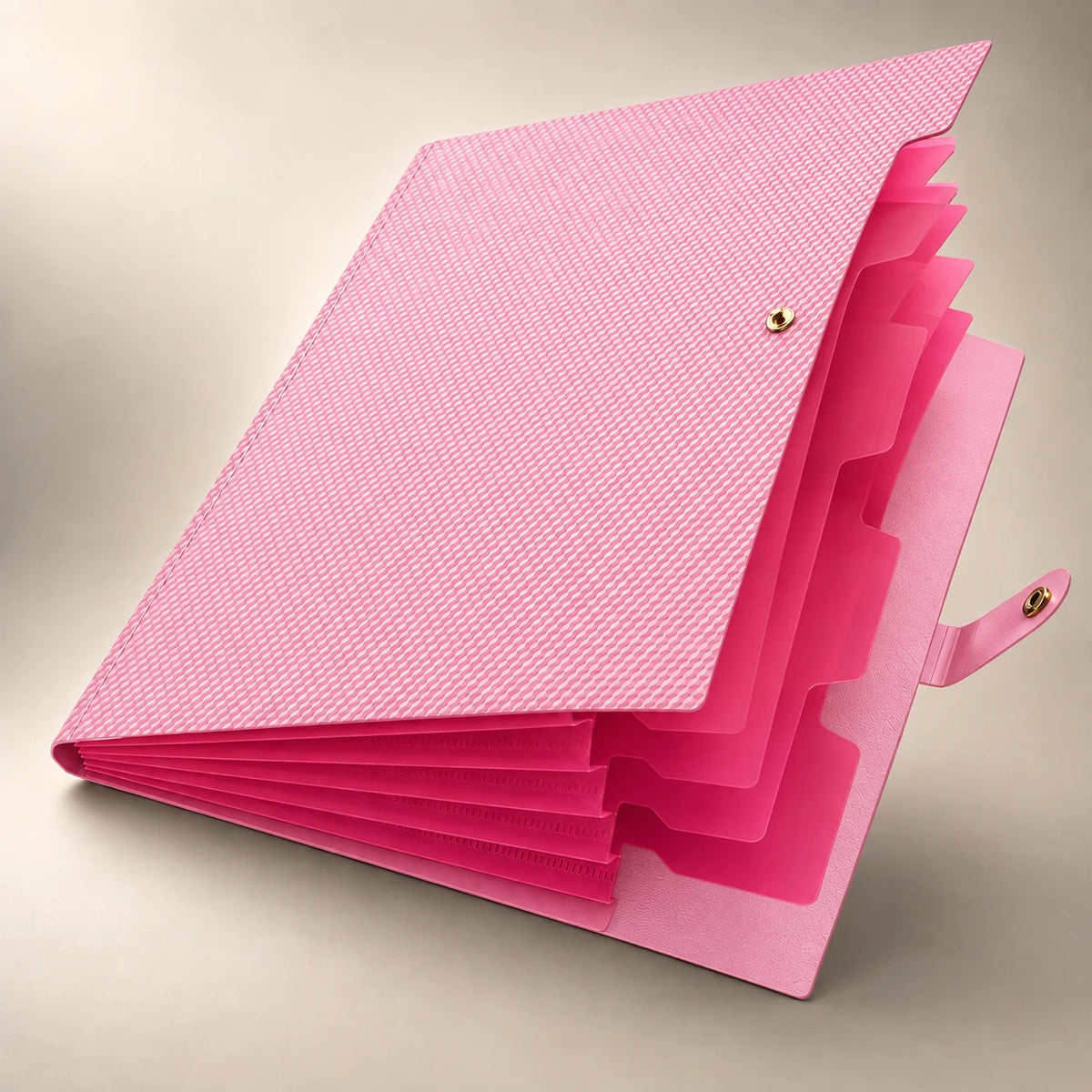 Chemise porte-document accordéon en plastique rose, debout de face