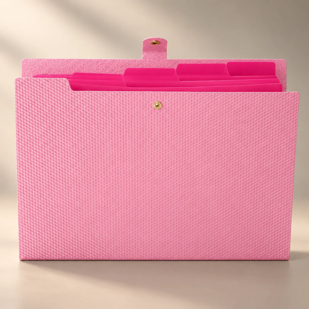 Chemise porte-document accordéon en plastique rose, à plat de face