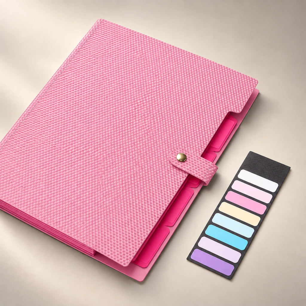Onglets et étiquettes colorées de la chemise accordéon en plastique rose
