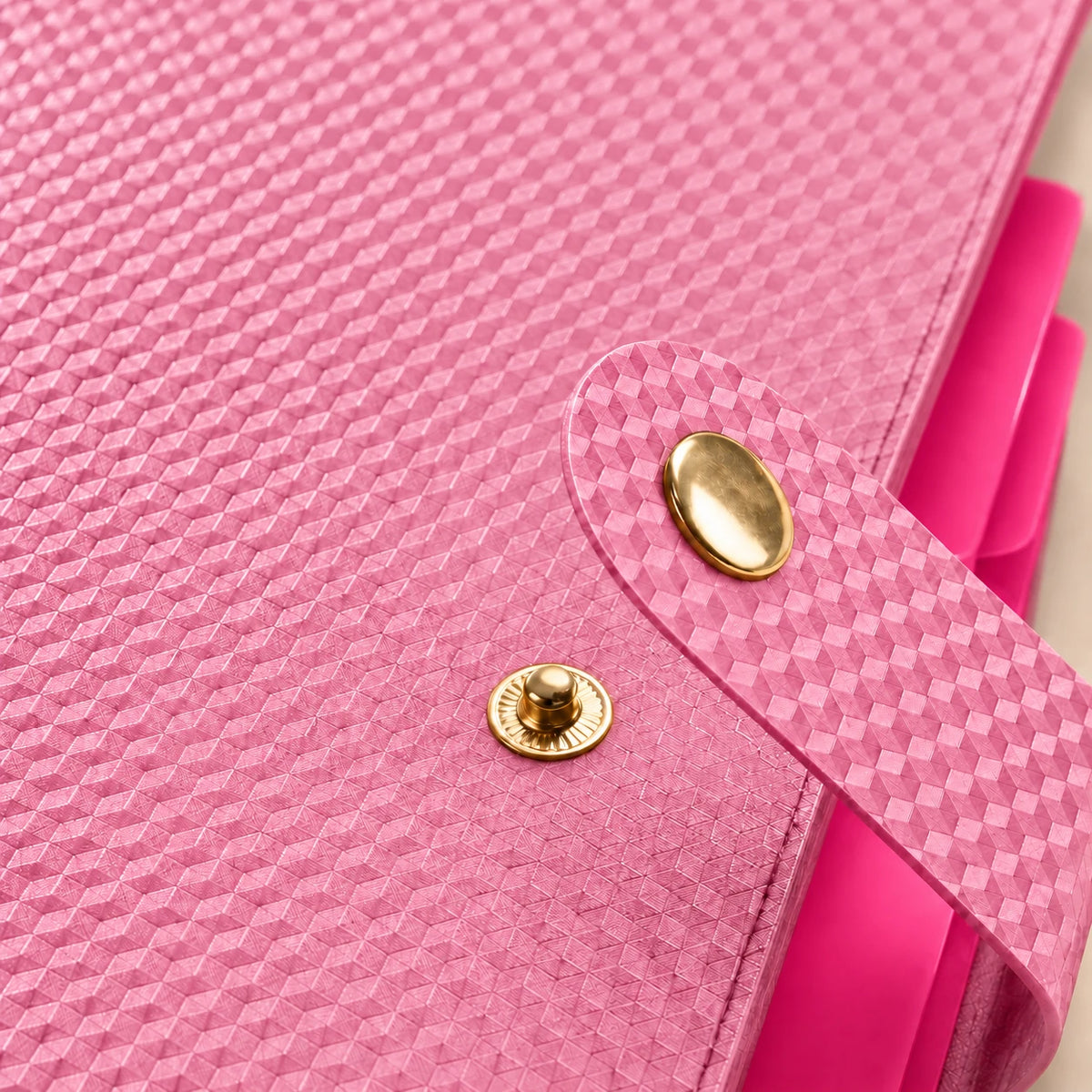 Macro de la languette de fermeture de la chemise accordéon en plastique rose