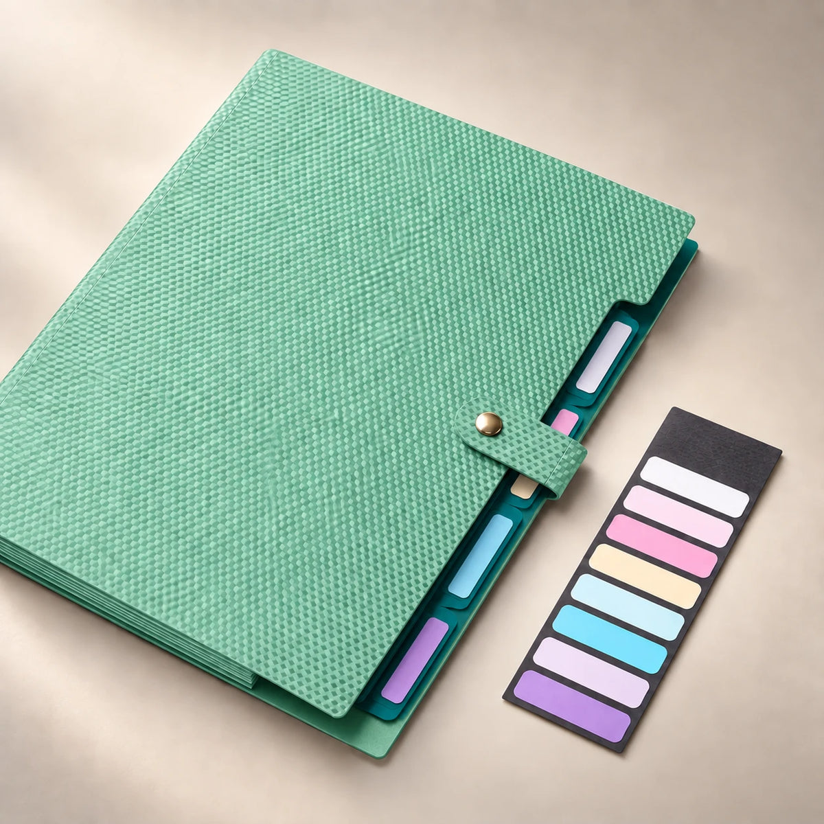Onglets et étiquettes colorées de la chemise accordéon en plastique vert clair
