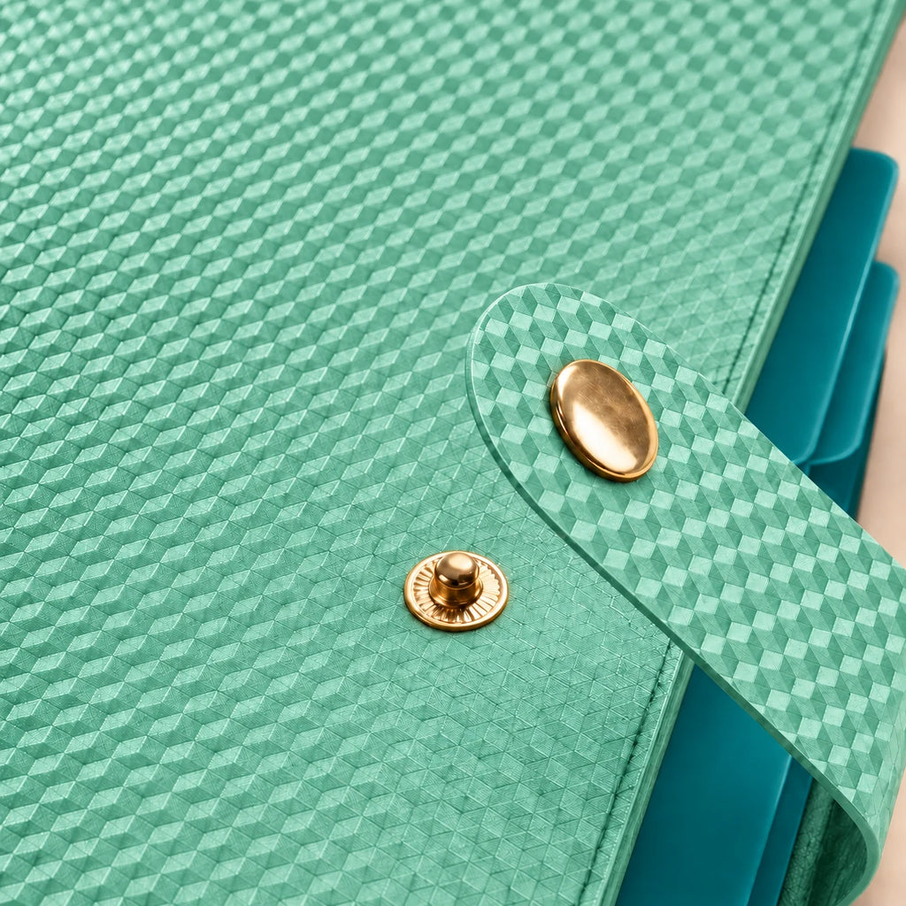 Macro de la languette de fermeture de la chemise accordéon en plastique vert clair