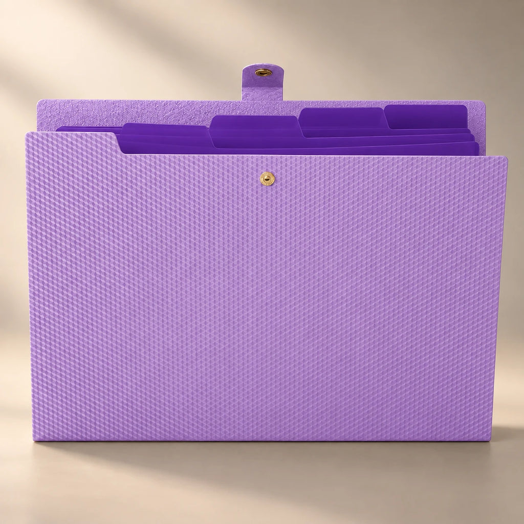 Chemise porte-document accordéon en plastique violet, à plat de face