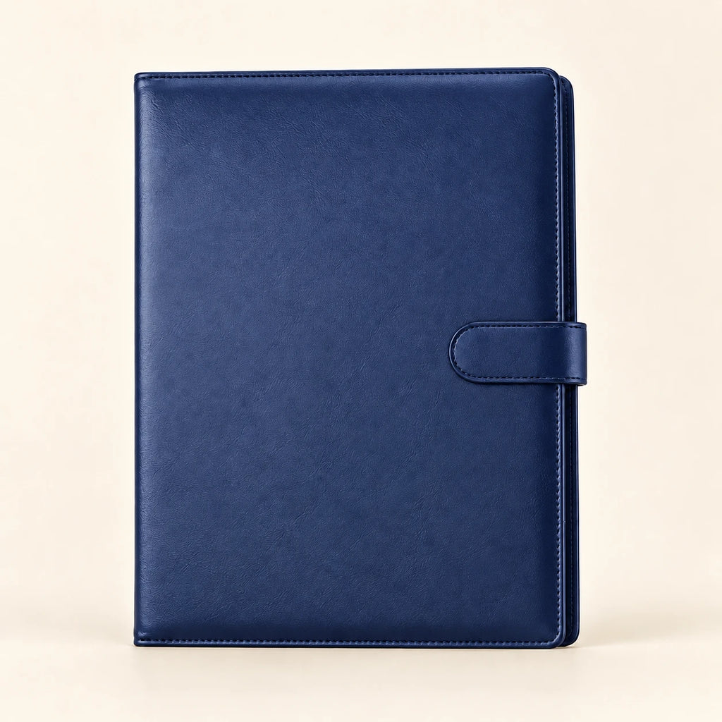 Conférencier porte-document en similicuir bleu marine A4, vue de face fermée