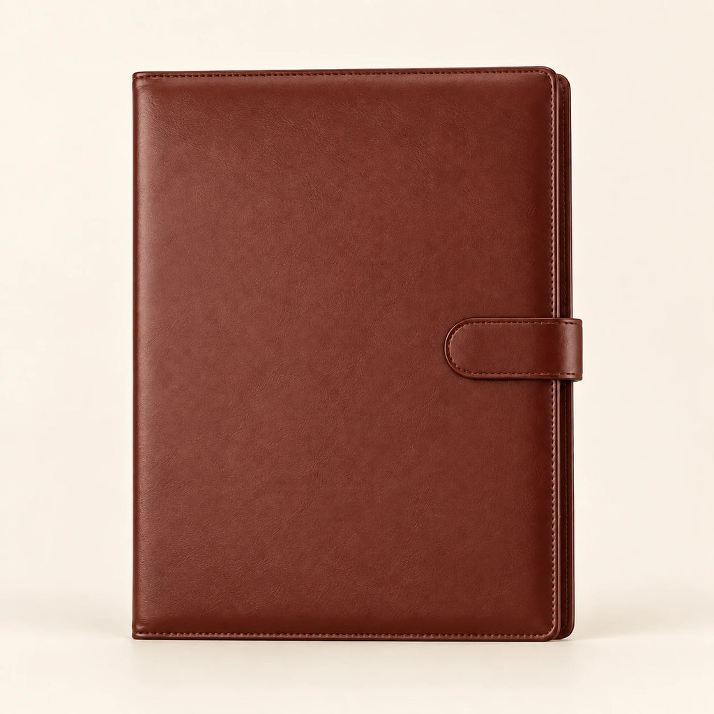 Conférencier porte-document en similicuir marron A4, vue de face fermée