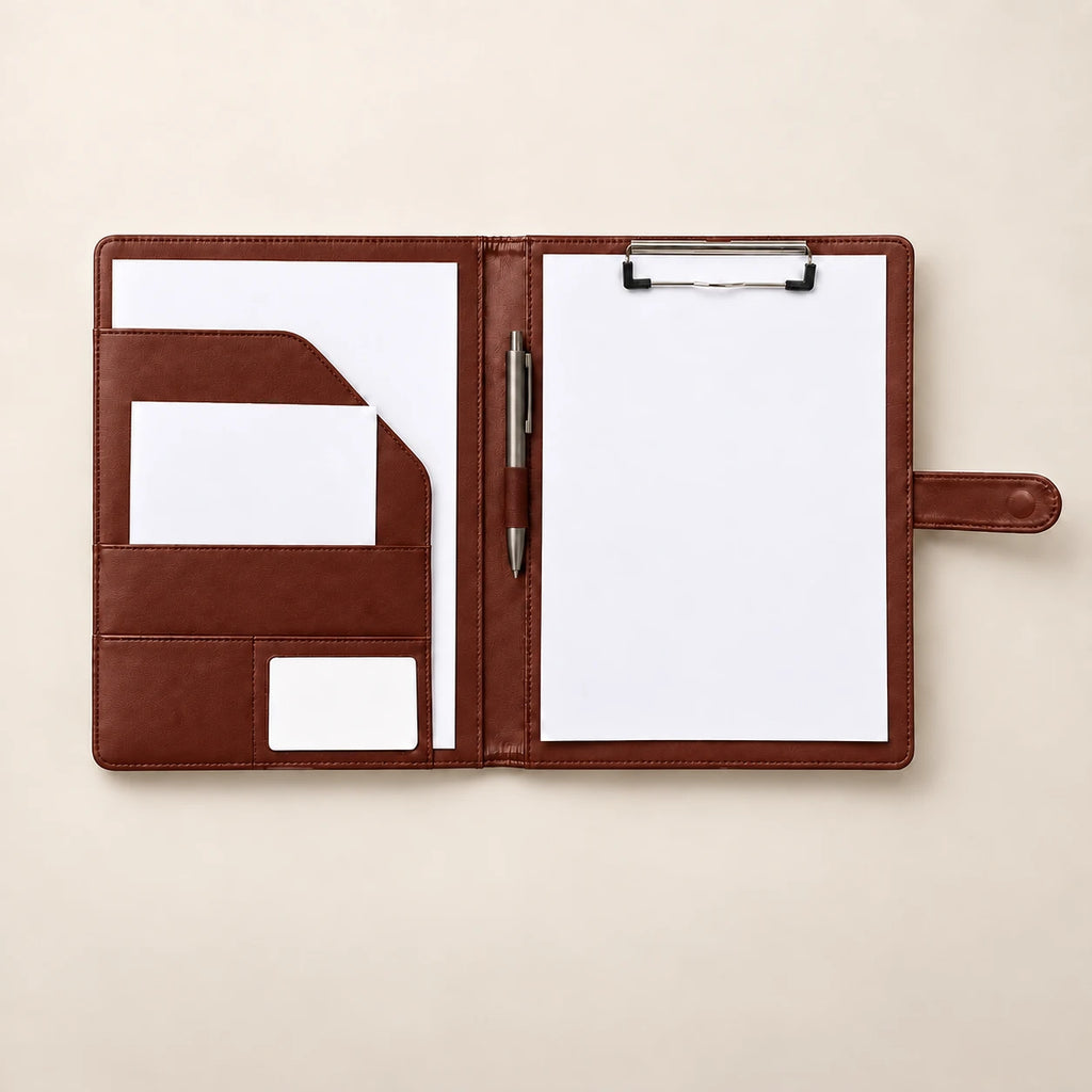Conférencier porte-document en similicuir marron A4 ouvert, pince tenant une feuille