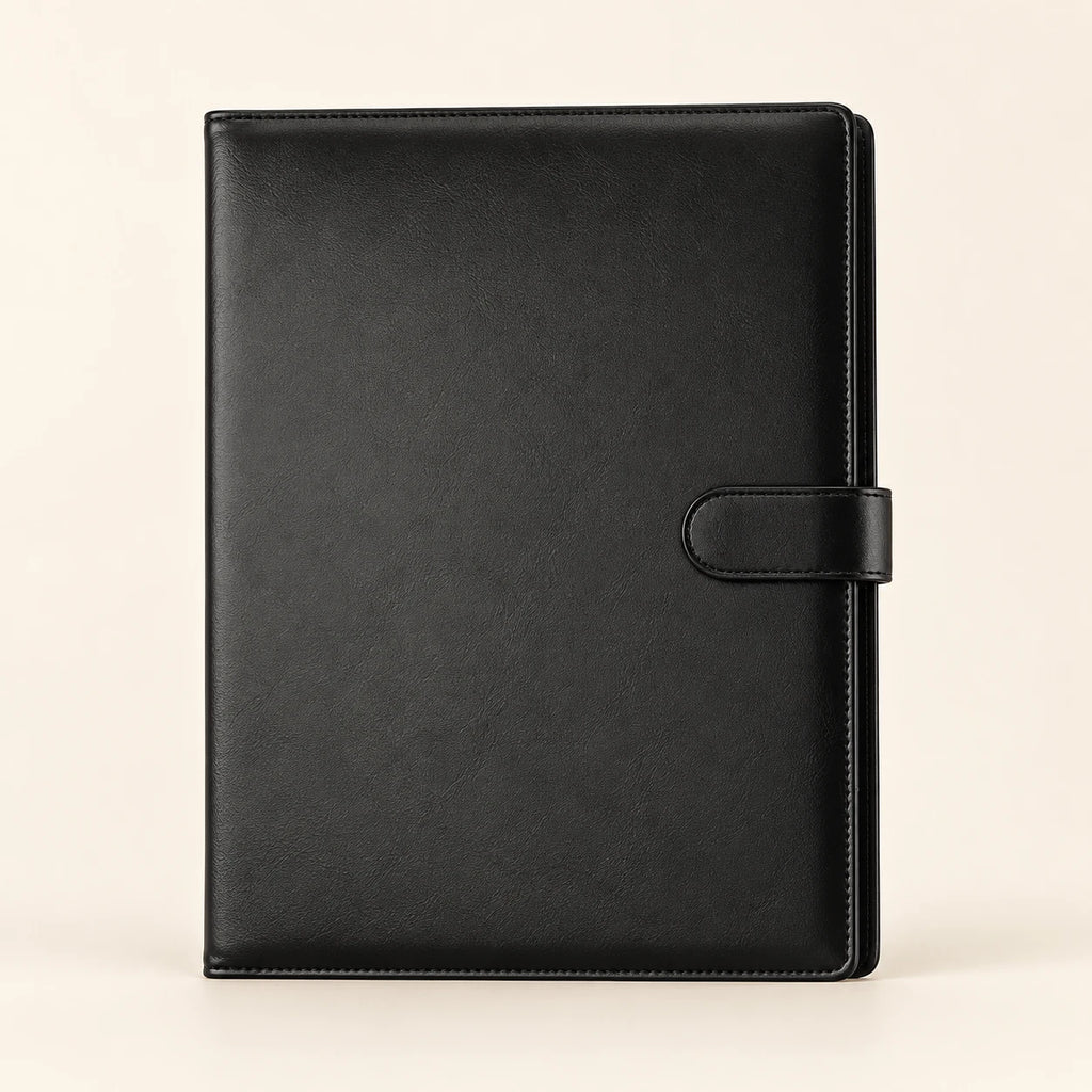 Conférencier porte-document en similicuir noir A4, vue de face fermée
