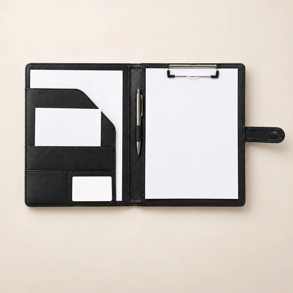 Conférencier porte-document en similicuir noir A4 ouvert, pince tenant une feuille