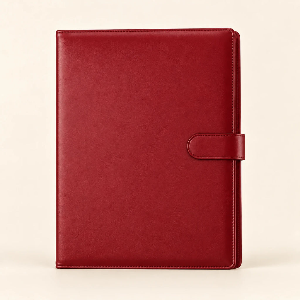 Conférencier porte-document en similicuir rouge A4, vue de face fermée