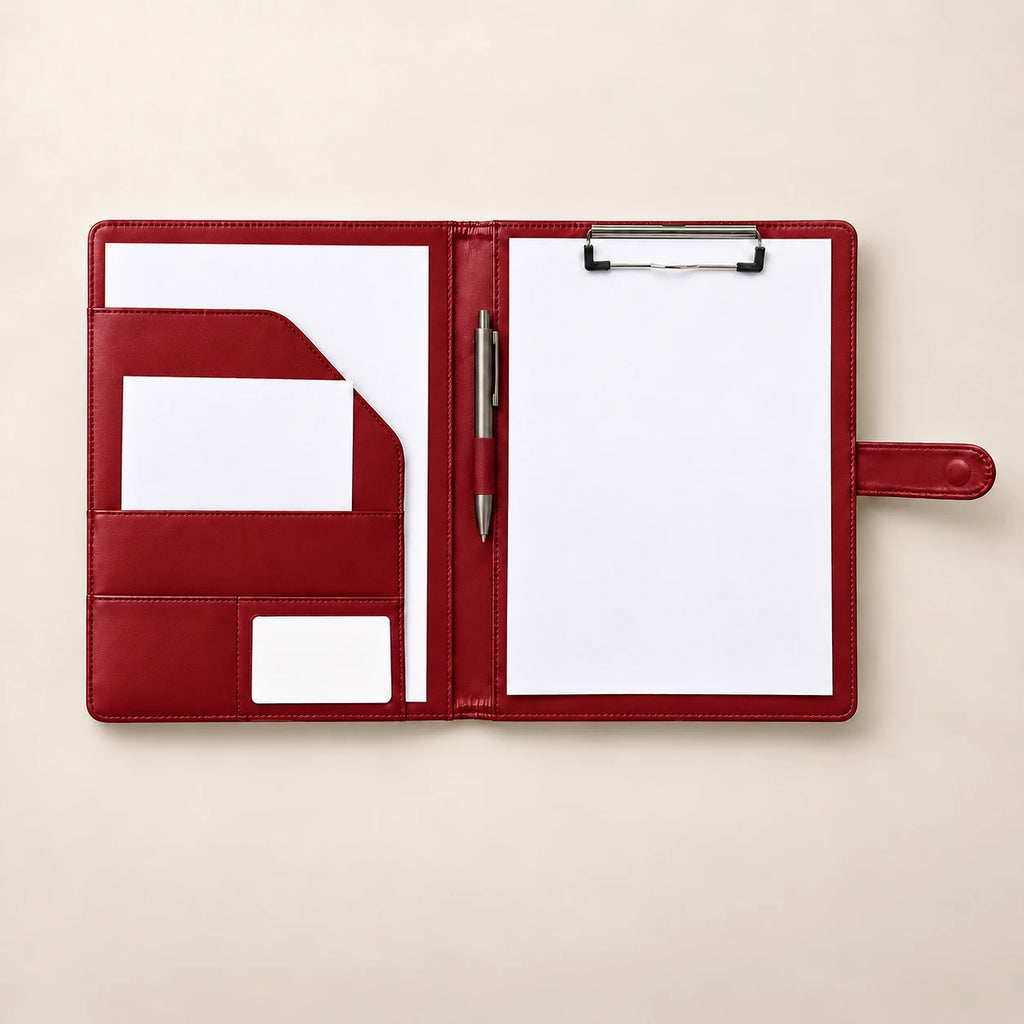 Conférencier porte-document en similicuir rouge A4 ouvert, pince tenant une feuille