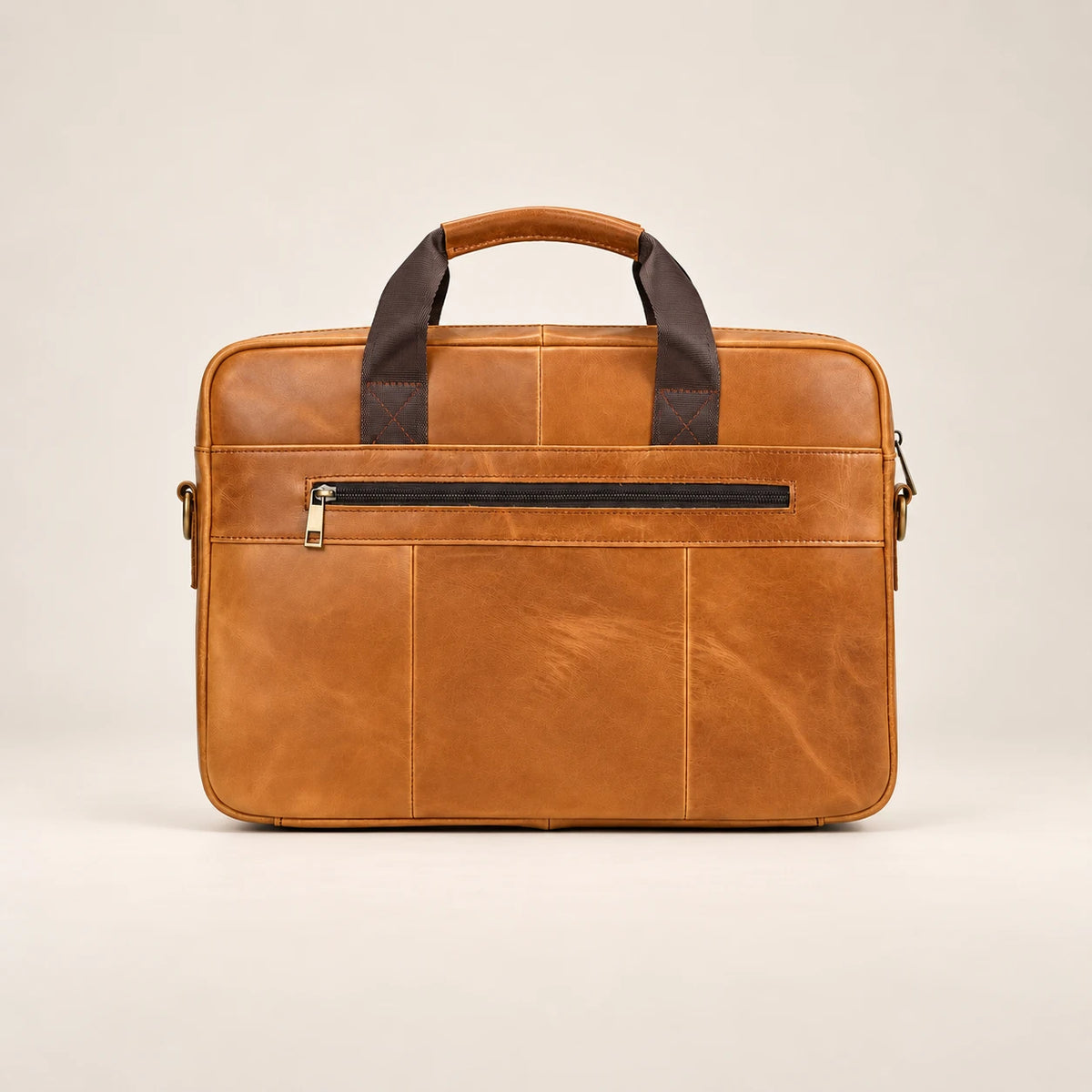Sacoche porte-document en cuir camel à double poche, vue de dos