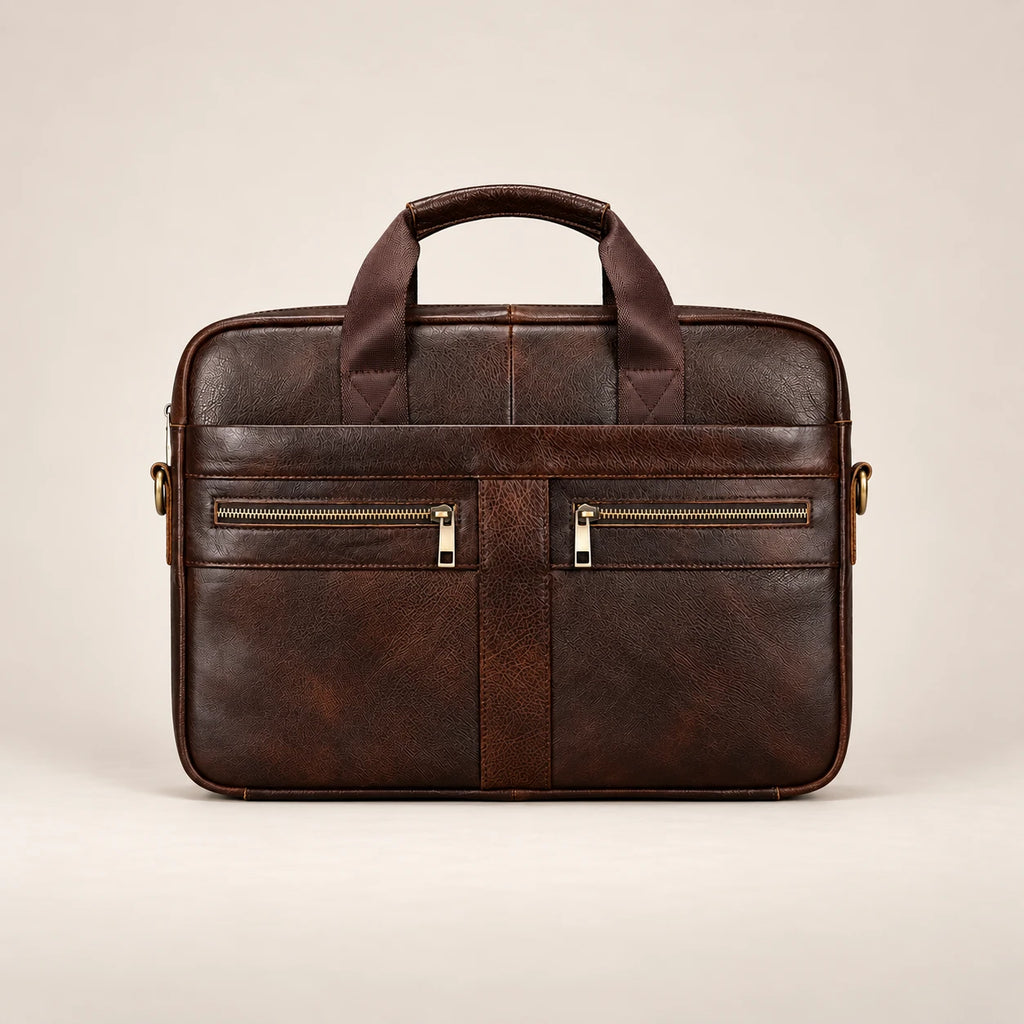 Sacoche porte-document en cuir marron à double poche, vue de face