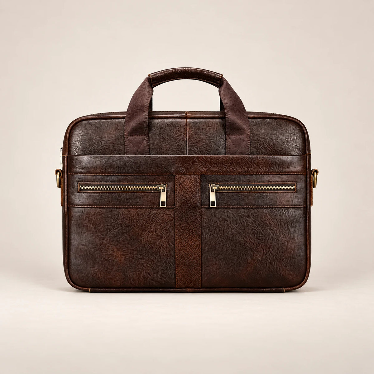 Sacoche porte-document en cuir marron à double poche, vue de face