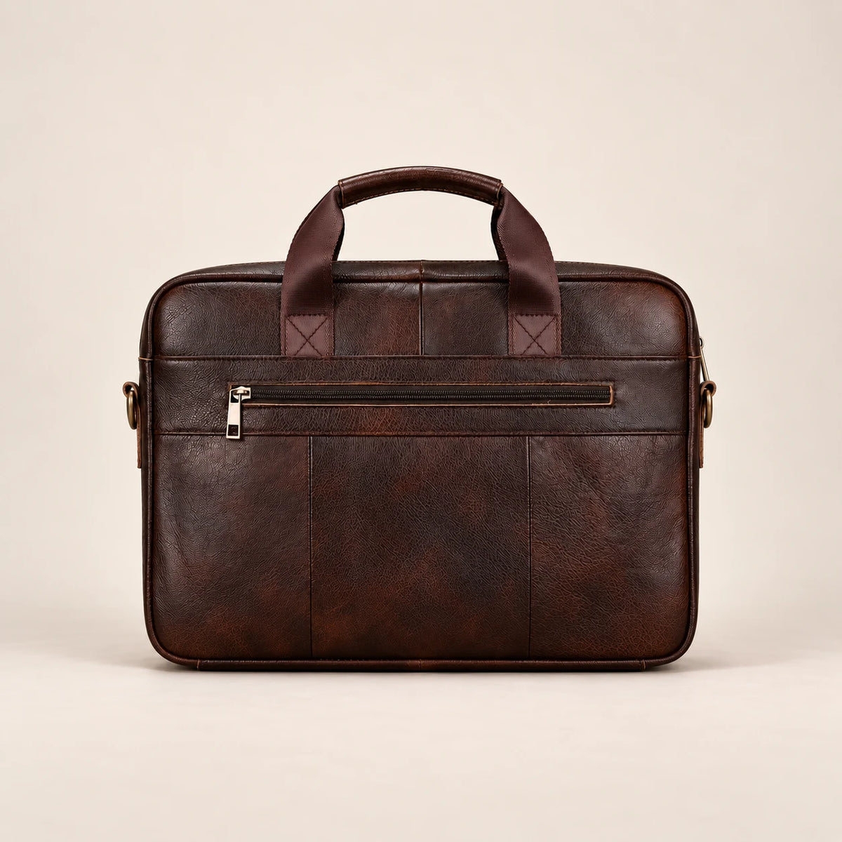 Sacoche porte-document en cuir marron à double poche, vue de dos
