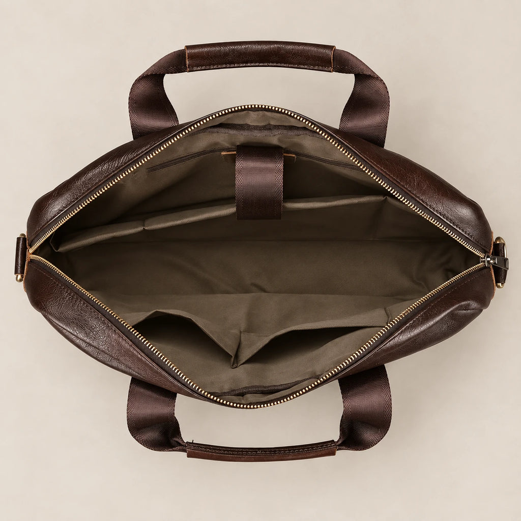 Intérieur de la sacoche en cuir marron à double poche