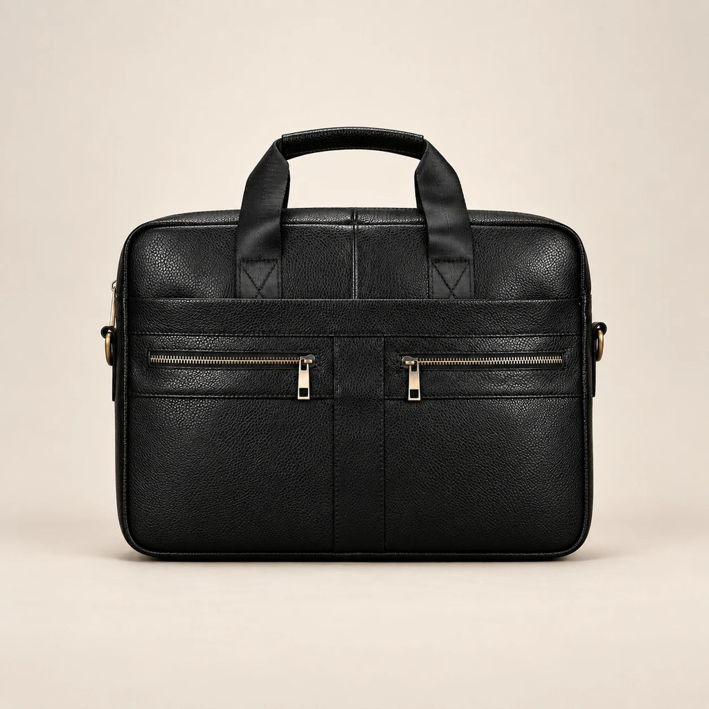 Sacoche porte-document en cuir noir à double poche, vue de face