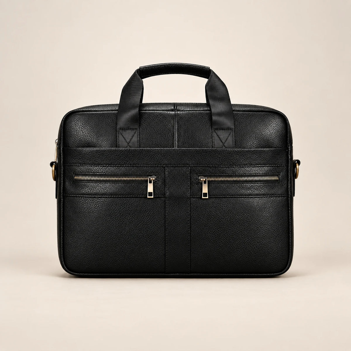 Sacoche porte-document en cuir noir à double poche, vue de face