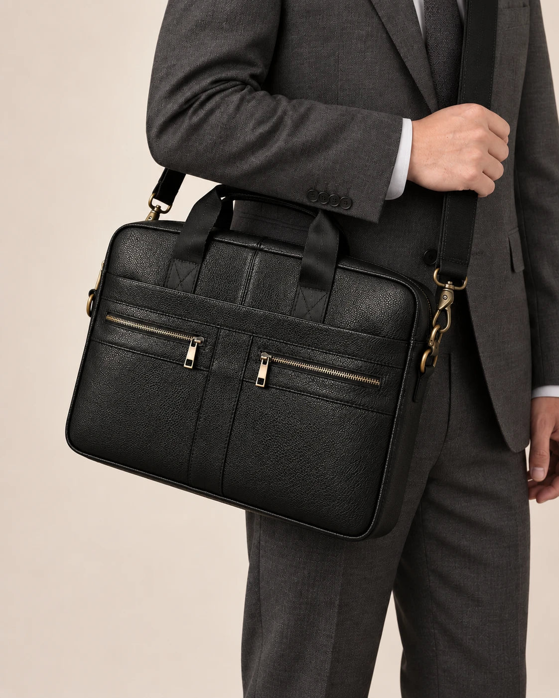 Sacoche en cuir noir à double poche portée à l'épaule