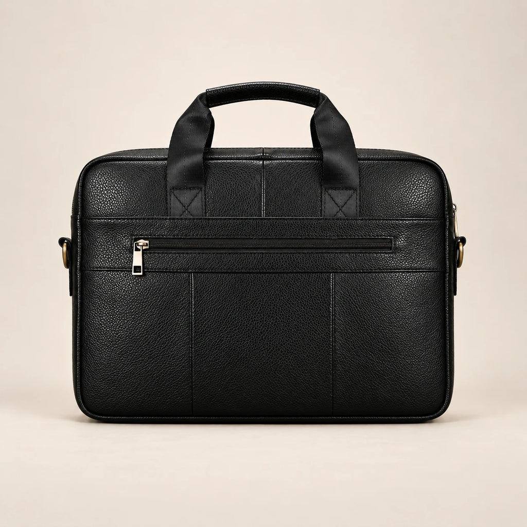 Sacoche porte-document en cuir noir à double poche, vue de dos