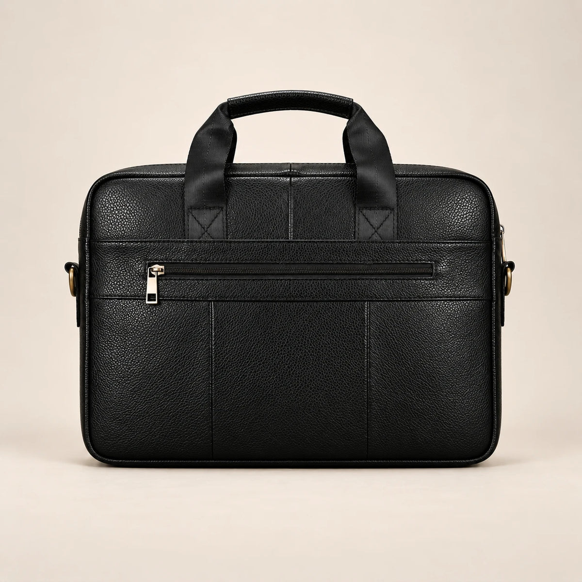 Sacoche porte-document en cuir noir à double poche, vue de dos