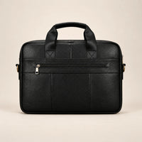 Sacoche porte-document en cuir noir à double poche, vue de dos