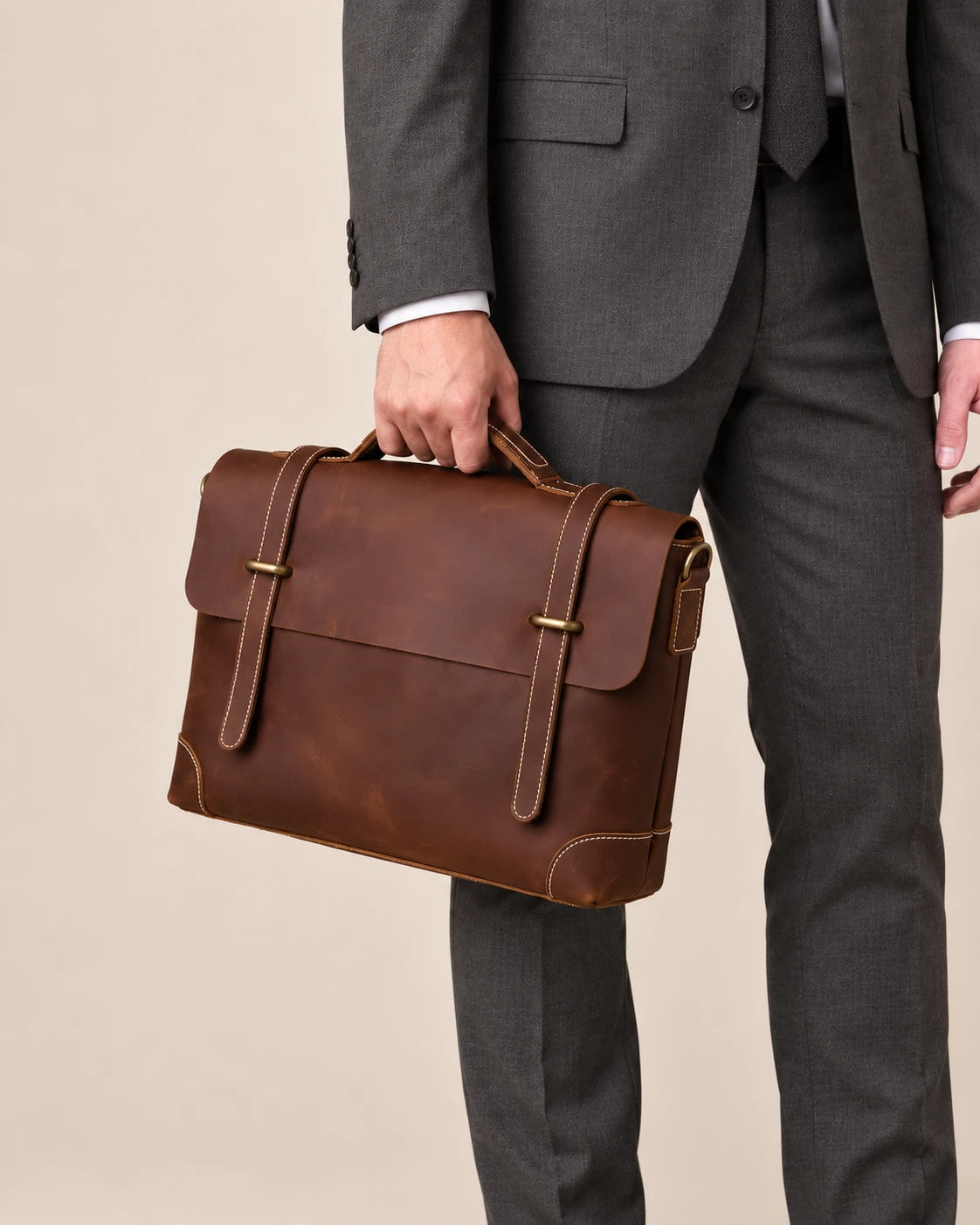 Sacoche en cuir cognac à lanière portée à la main