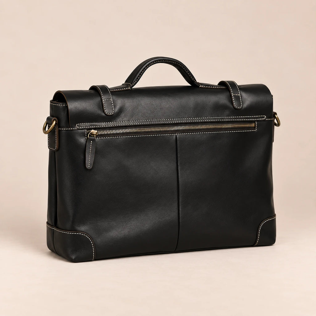 Sacoche porte-document en cuir noir à lanière, vue de dos