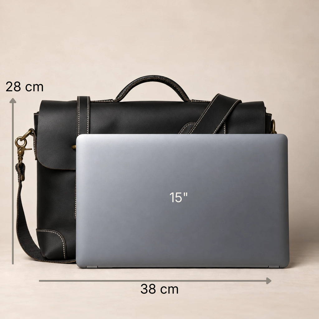 Sacoche en cuir noir à lanière 15 pouces avec dimensions annotées