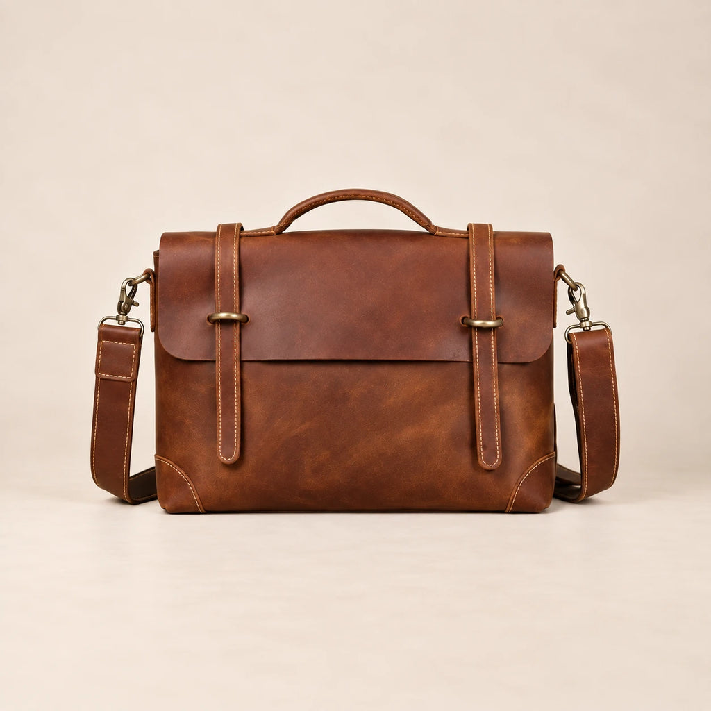 Sacoche porte-document en cuir cognac à lanière, format compact, vue de face