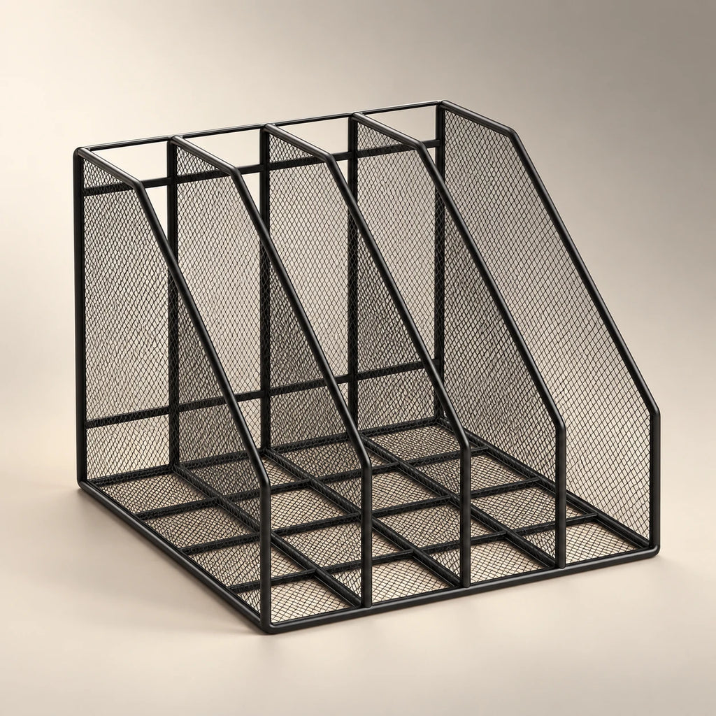 Porte-document de bureau en métal noir à 4 compartiments, vue d'ensemble