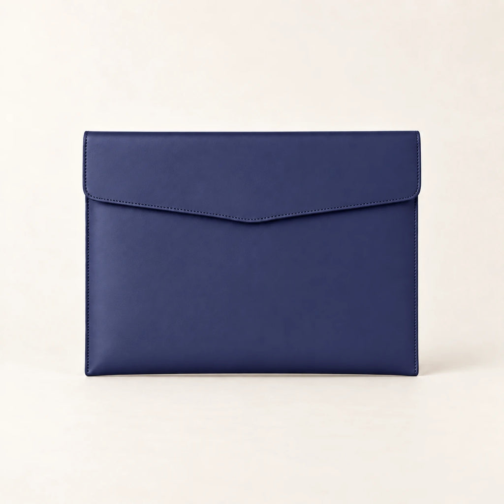 Pochette porte-document en similicuir bleu A4, vue de face fermée