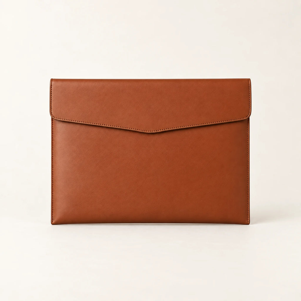 Pochette porte-document en similicuir marron A4, vue de face fermée