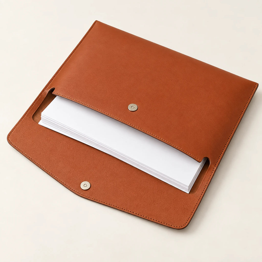 Pochette porte-document en similicuir cognac A4 ouverte