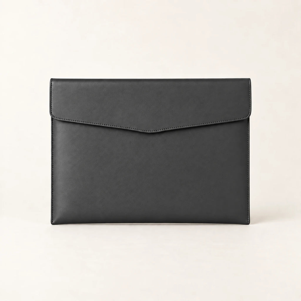 Pochette porte-document en similicuir gris anthracite A4, vue de face fermée