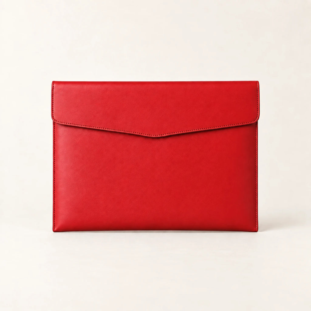 Pochette porte-document en similicuir rouge A4, vue de face fermée