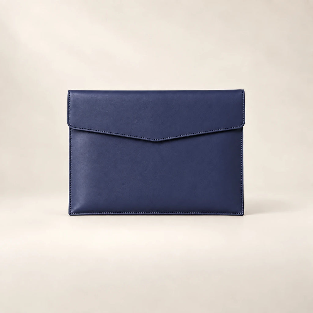Pochette porte-document en similicuir bleu A5, vue de face fermée
