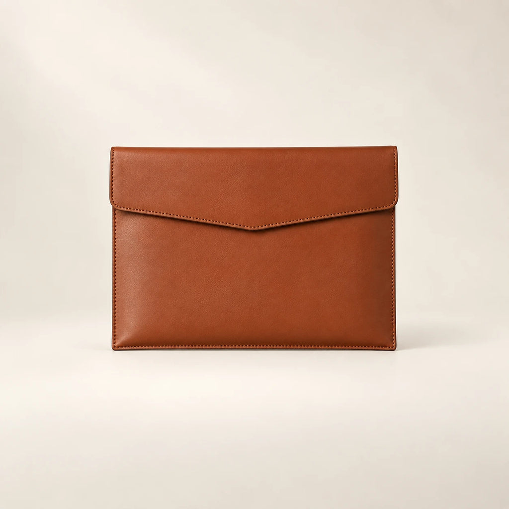 Pochette porte-document en similicuir cognac A5, vue de face fermée