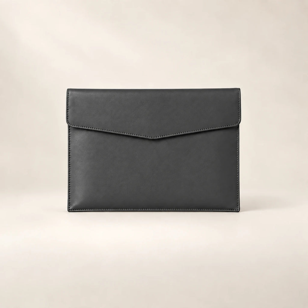 Pochette porte-document en similicuir gris anthracite A5, vue de face fermée