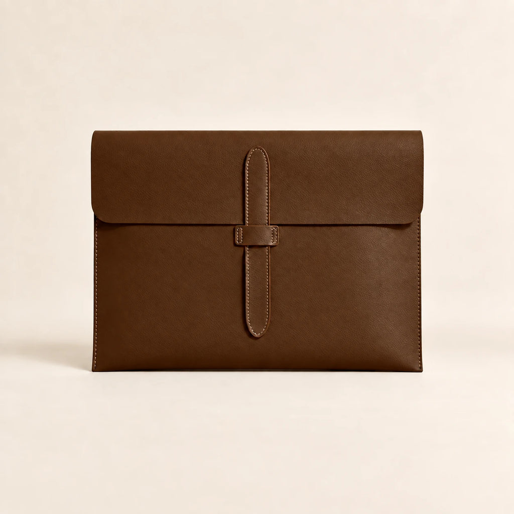 Pochette porte-document en similicuir café, vue de face fermée avec lanière