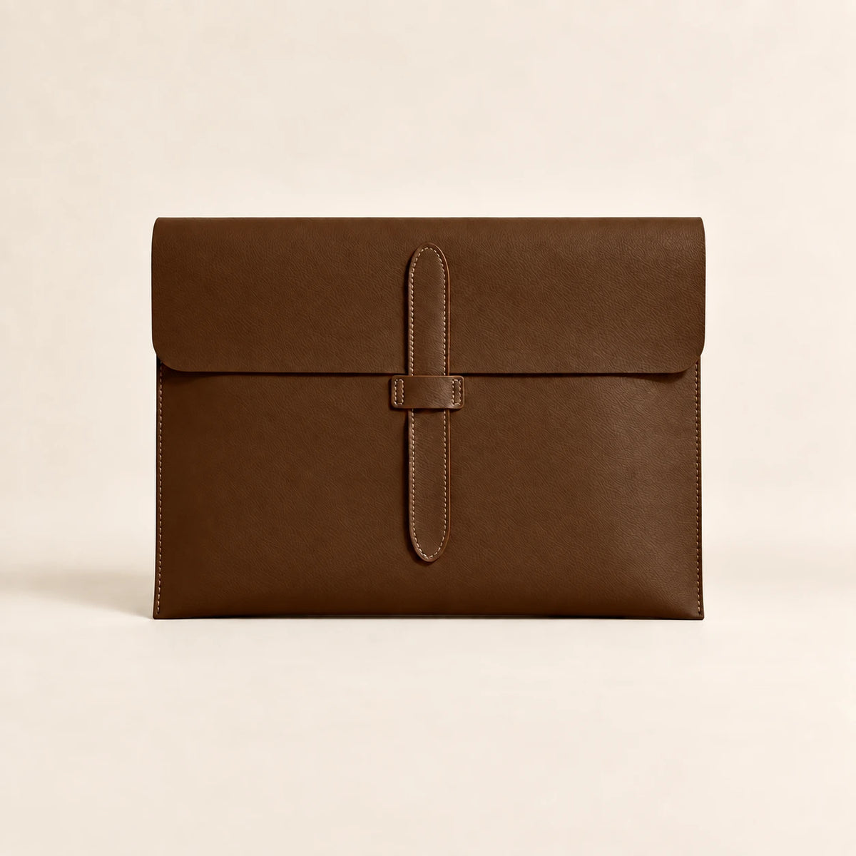 Pochette porte-document en similicuir café, vue de face fermée avec lanière