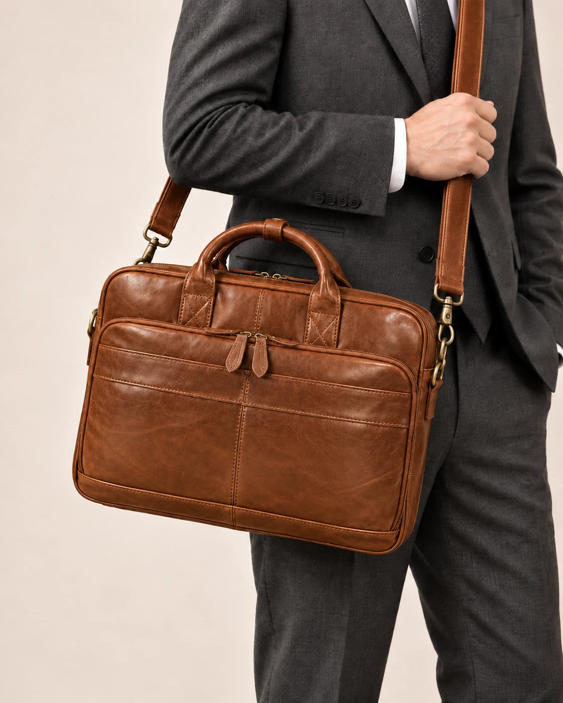 Sacoche en cuir camel portée à l'épaule avec la bandoulière
