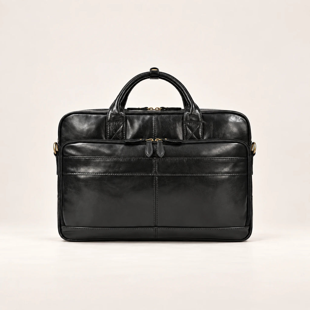 Sacoche porte-document en cuir Crazy Horse noir, vue de face