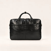 Sacoche porte-document en cuir noir à bandoulière, vue de dos