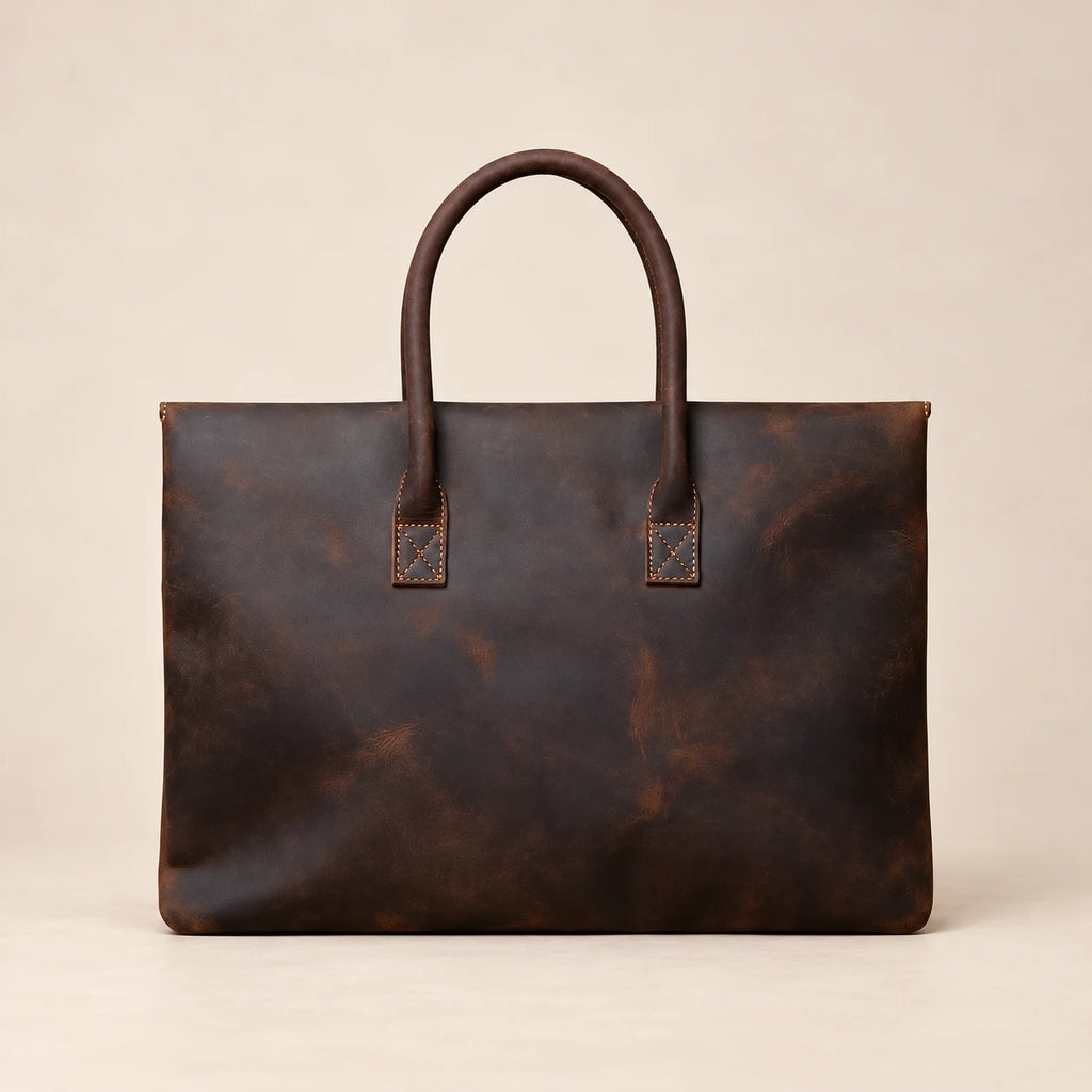 Pochette porte-document en cuir marron foncé à rabat, vue de dos