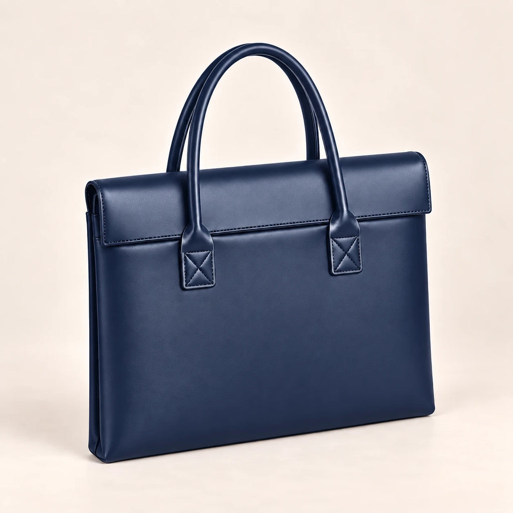 Tote porte-document en similicuir bleu marine, vue trois-quarts